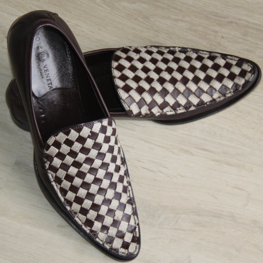 BOTTEGA VENETA Italy Loafers Iconic Brown Woven Leather Canvas Flats Size 38.5